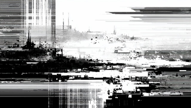 Monochrome abstract landscape with city skyline featuring pixelated glitch effect