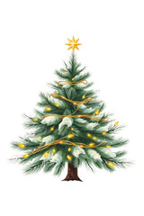 Classic Christmas Tree with Golden Lights and Star Isolated on White Background