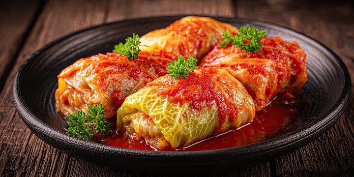 Homemade cabbage rolls with meat, rice and vegetables on a dark rustic background