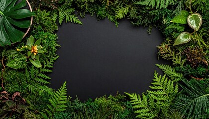 Green leaves frame on black background