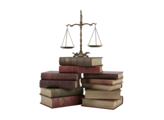 Legal Balance Scales Atop Stacked Aged Books on white background Isolated on Transparent Background