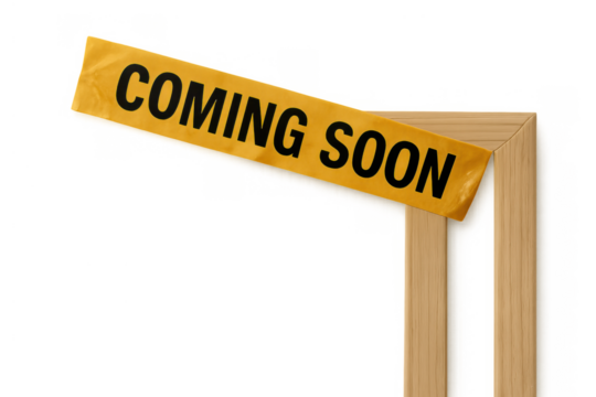 Yellow caution tape with coming soon text stretching across a wooden frame, symbolizing anticipation, unveiling, and future events - Powered by Adobe