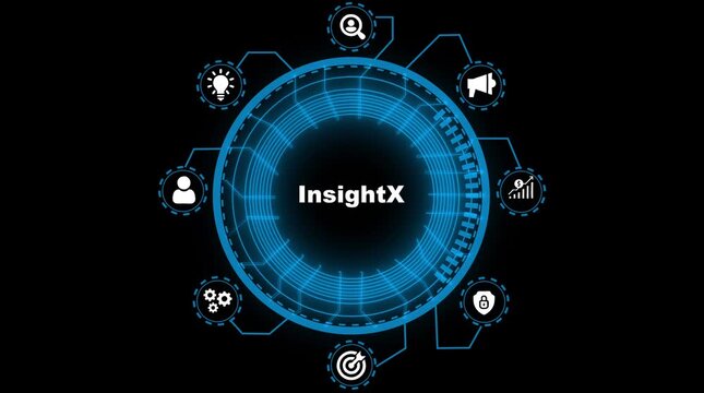 Insight X digital hub connecting business analytics user engagement marketing security and innovation with glowing blue H U D interface and icons on black background