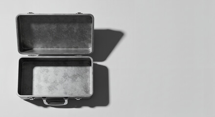 Empty first aid kit in monochrome design on gray background, storage for medical supplies, copy space