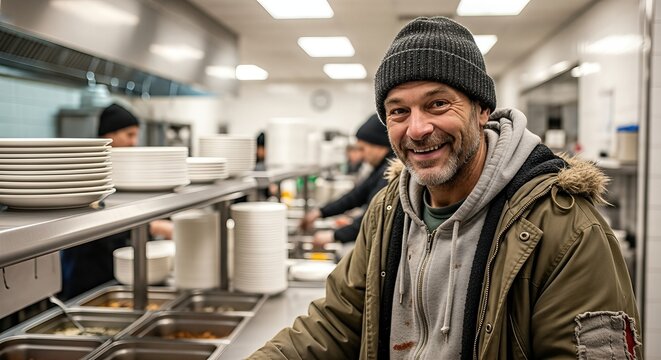 Homeless people. Smiling man in a warm jacket and beanie stands in a busy kitchen, serving food with enthusiasm, showcasing community support and compassion for those in need