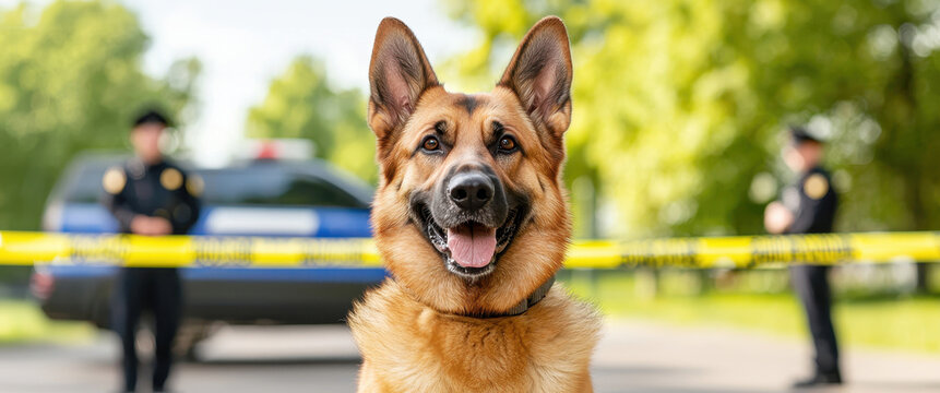 Military, police dog K9 unit. Police dog in focus with officers and patrol car in the background, emphasizing law enforcement and safety.