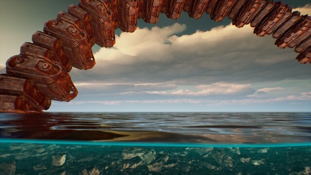 A magnificent alien ship forms an elegant arc above calm ocean waters, reflecting the twilight hues of the sky.