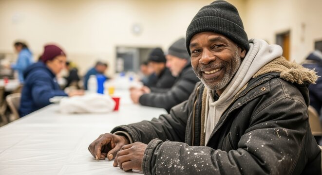 Homeless people. Smiling African American man in winter clothing sits at a communal table in a warm shelter, surrounded by others, conveying a sense of community and support for homeless individuals