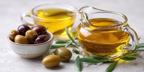 Olive oil in glass containers and olives in bowls on a light background