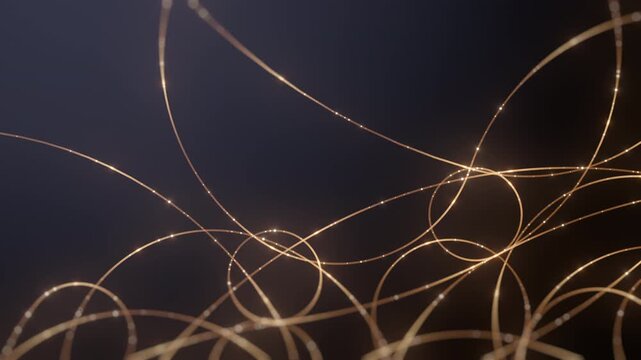 Elegant golden glowing lines, sparkling particles, dark luxury background. Abstract design, high-tech, connection concept. Ideal for premium branding, technology, celebration, upscale events