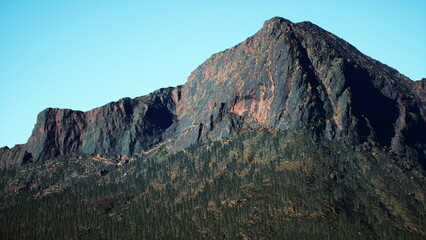 The rugged mountain peak towers majestically over a dense forest, showcasing rocky surfaces and vibrant vegetation under a bright blue sky. A perfect blend of natures beauty and wild landscape.