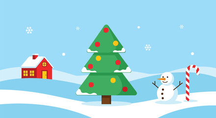 Fototapeta premium Festive winter scene featuring a decorated tree, snowman, and cozy house