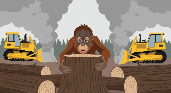 Devastation looming deforestation concept, orangutan desperately protects tree stump - Powered by Adobe