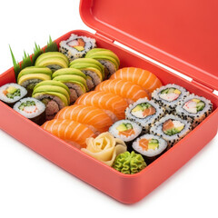 Delicious fresh assorted sushi and sashimi selection in a red box