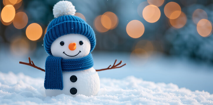 Happy snowman figure in the snow wearing a blue hat and scarf. Christmas holiday background with festive bokeh lights