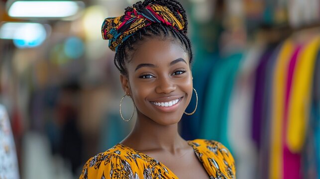 A smiling woman with vibrant headwrap and dress.  Close-up portrait