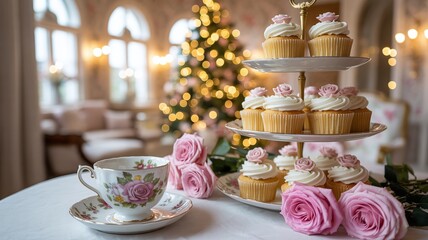 Elegant Afternoon Tea Scene With Tiered Stand Of Vanilla Cupcakes Decorated With Pink Roses And Vintage Teacup In A Luxurious Room With Blurred Christmas Tree Lights