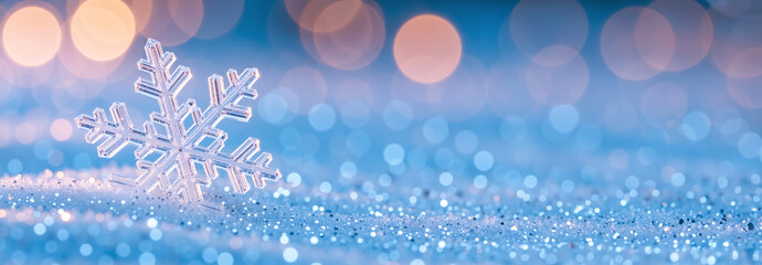 A crystal snowflake ornament on a blue glitter surface. Festive winter background with golden bokeh for Christmas and New Year