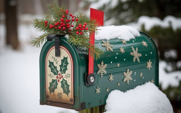 Festive Christmas Mailbox Decorated With Holly, Pine Branches, And Snowflakes Covered In Fresh White Snow During Winter Holiday Season For Greeting Cards