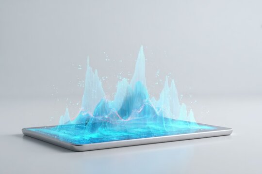 Digital Landscape: A vibrant, glowing digital display showcases a dynamic landscape of data, rendered on a sleek, modern device, symbolizing technological advancement and the digital age. - Powered by Adobe