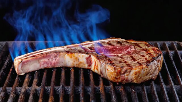 Tomahawk Steak Grilling Over Blue Flames on BBQ