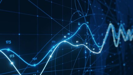 Digital analytics data background, glowing blue lines, dots, graphs, network. Represents business intelligence, financial growth, technology, innovation. Concept of big data, global communication - Powered by Adobe