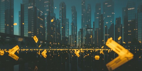 Abstract financial concept image of a futuristic cityscape at night with glowing arrow symbols floating over water, symbolizing growth and digital commerce