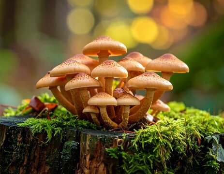 Close-up of a group of mushrooms on a mossy log with blurred background