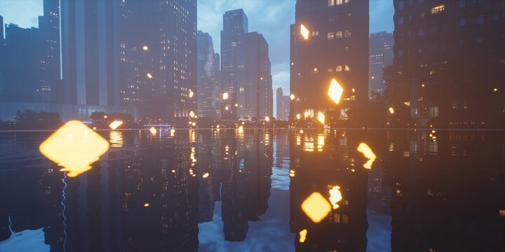 Abstract financial concept image of a futuristic cityscape at night with glowing arrow symbols floating over water, symbolizing growth and digital commerce