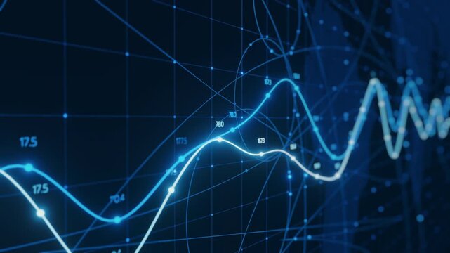 Digital analytics data background, glowing blue lines, dots, graphs, network. Represents business intelligence, financial growth, technology, innovation. Concept of big data, global communication