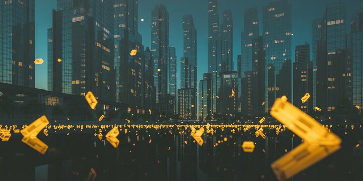Abstract financial concept image of a futuristic cityscape at night with glowing arrow symbols floating over water, symbolizing growth and digital commerce