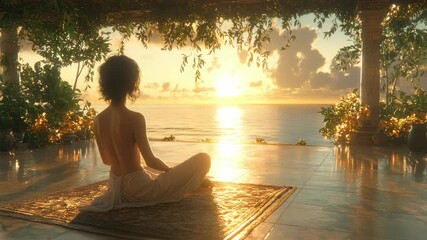 Woman meditating outdoors at sunrise with ocean view - Powered by Adobe