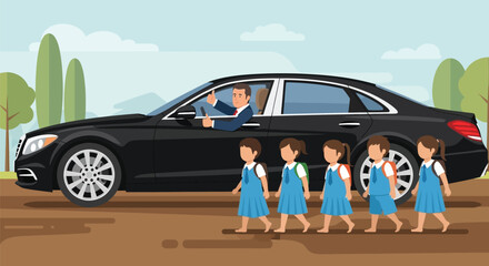 Driver giving thumbs up to students crossing in front of his car