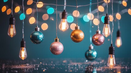 Magical Christmas background featuring hanging fairy lights and colorful ornaments over sparkling glitter on a dark, moody surface.