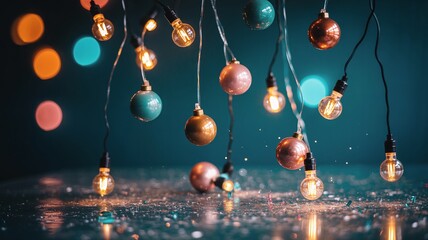 Magical Christmas background featuring hanging fairy lights and colorful ornaments over sparkling glitter on a dark, moody surface.