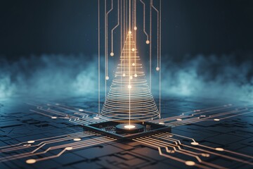 Glowing futuristic data cone rising from a microchip on a circuit board, symbolizing quantum computing, artificial intelligence, and centralized server power