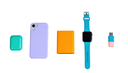 Collection of modern electronic gadgets on transparent background