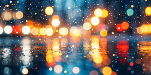 Abstract winter background with falling snow and colorful bokeh lights. Festive city lights reflected on a wet street at night. Christmas and New Year celebration backdrop
