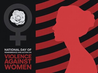 Graphic design for National Day of Remembrance and Action on Violence Against Women, featuring a red female silhouette and rose in the Venus symbol