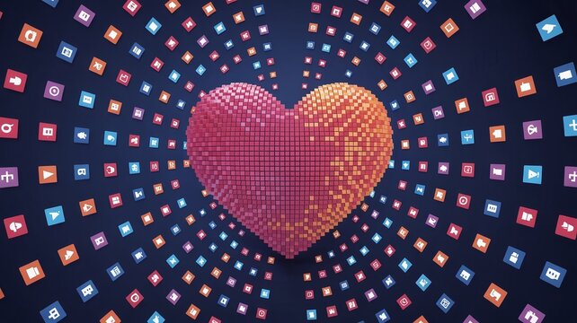 Digital heart composed of colorful pixel cubes radiating outward in an abstract tunnel pattern, symbolizing love, connection, and social media - Powered by Adobe