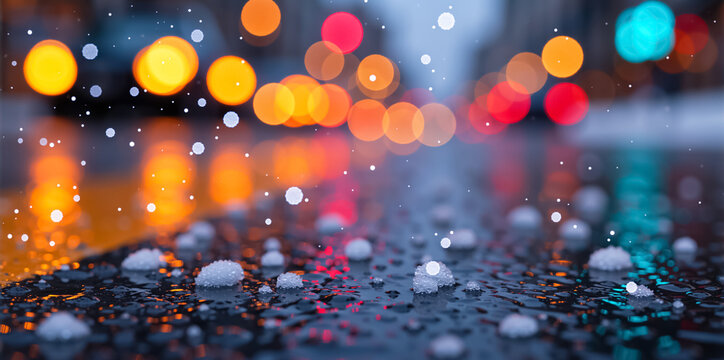 Snow falling on a wet city street at night. Sleet on asphalt with blurred traffic light bokeh in the background. Winter christmas and new year holiday backdrop - Powered by Adobe