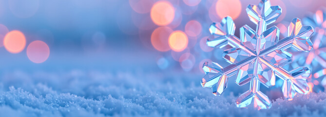 Crystal snowflake on snow with festive bokeh. Winter Christmas and New Year holiday background. Wide banner for a greeting card
