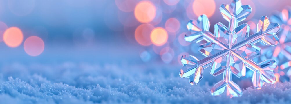 Crystal snowflake on snow with festive bokeh. Winter Christmas and New Year holiday background. Wide banner for a greeting card