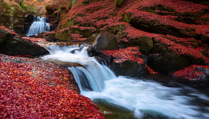 Small Waterfall On Mountain River Flow Through Canyon Covered By Red Dry Leaves