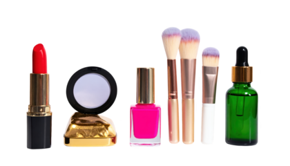 Collection of makeup and cosmetic products isolated on transparent background