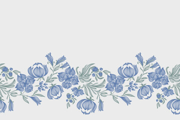 Vintage floral ethnic tapestry modern embroidery texture boho design vector illustration hand drawn silhouette indigo blue flower motif branches leaves wallpaper seamless background border.	
