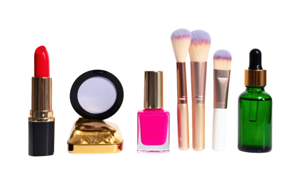 Collection of makeup and cosmetic products isolated on transparent background