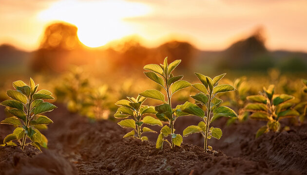 Ashwagandha Plants Growing In A Field At Sunset With Warm Golden Hues Lighting Up The Leaves And Soil