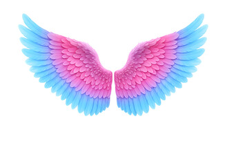 Obraz premium Bright Pink Blue Angel Wings - Ethereal Fantasy Feathered Design on white background Isolated on Transparent Background