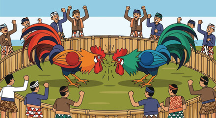 Traditional indonesian cockfight illustration with enthusiastic spectators watching
